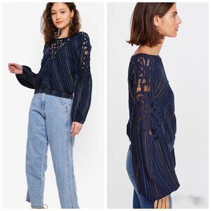 Free People M Top Blouse Floating Memories Navy Inset Lace Stripes Puff Sleeves